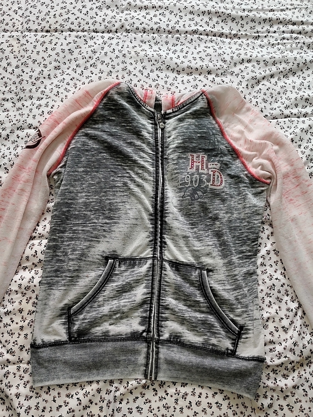 Harley Davidson Bling Zip Hoodie in Gray and Light Pink